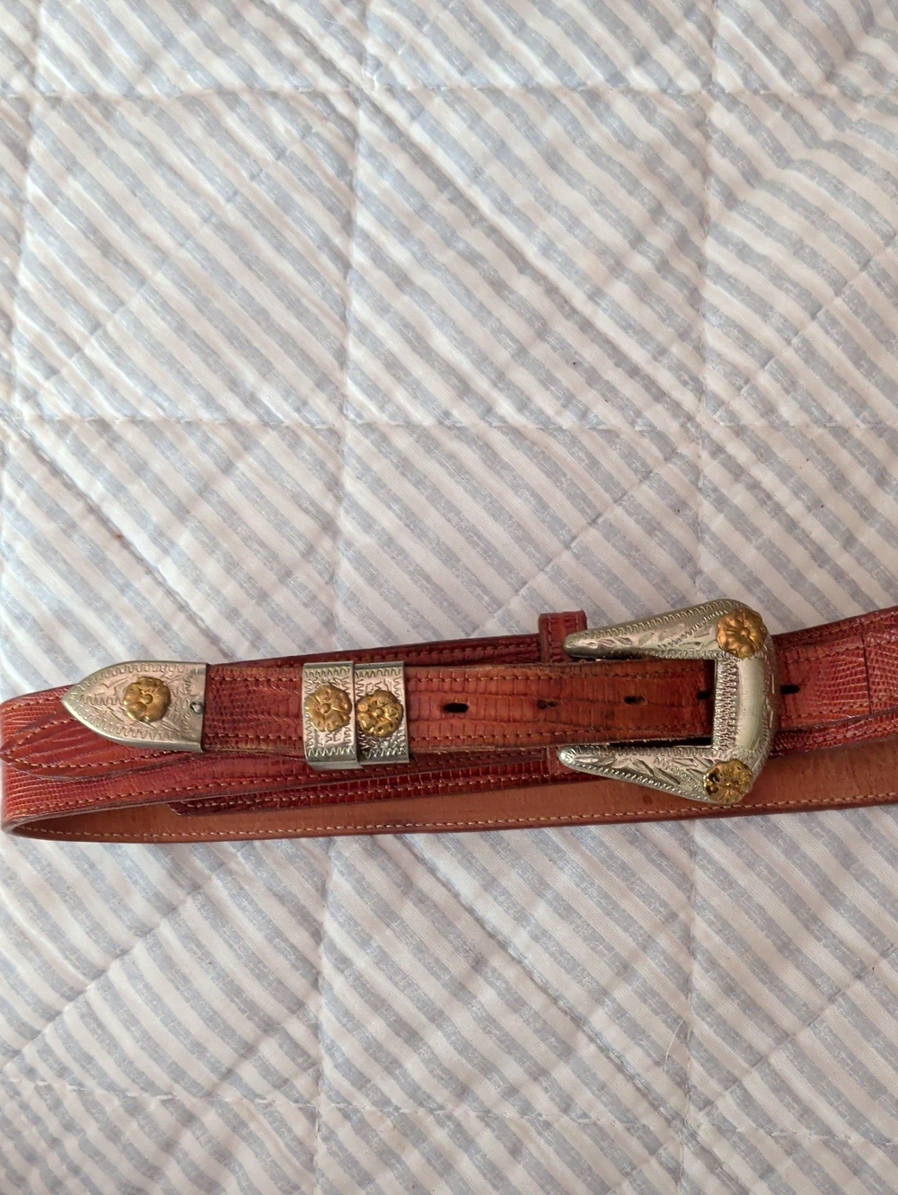 Vintage Justin Genuine Lizard Western Belt with Silver and Gold Floral Conchos